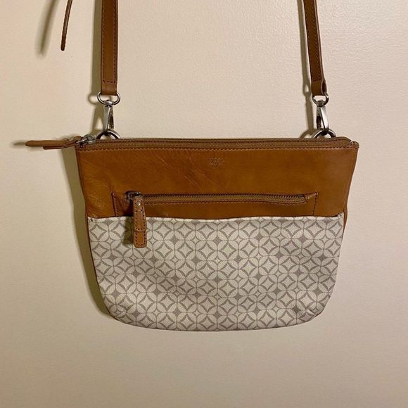 - Fossil Geometric Print Coated Canvas and Leather Crossbody Purse - Picture 2 of 5